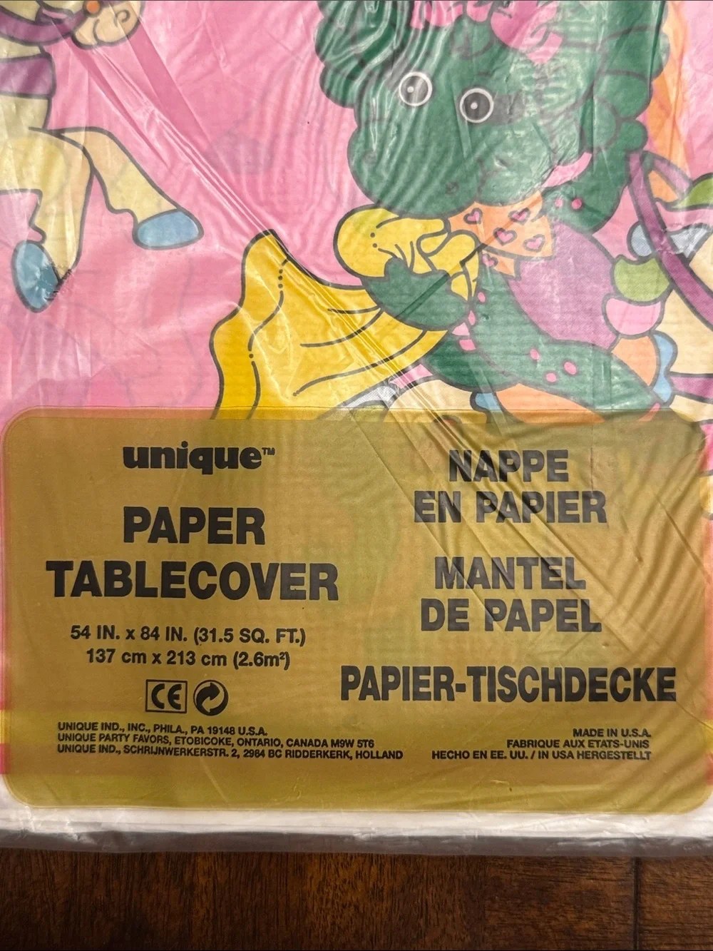NWT Vintage Unique Baby Bop Barney Pink Paper Tablecover 54” x 84” tablecloth